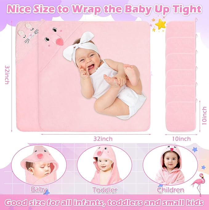 8 Pcs Baby Towel Set, Soft Baby Bath Towels and Washcloths Set, 2 Pcs 32x32 in Cute Baby Towel with Hood and 6 Pcs Baby Washcloths for Infants, Toddlers and Kids (Pink Kitten & Flamingo)