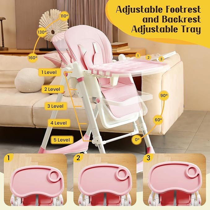 6-in-1 Convertible High Chair with Rocker | Baby High Chair for Newborn to Toddler (0-3 Years) | Adjustable, Foldable & Easy-Clean with Dishwasher Safe Tray & Tool-Free Assembly,Pink