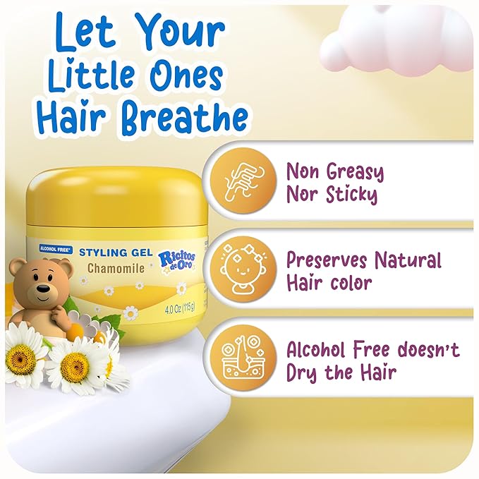 Ricitos de Oro Chamomile Hair Gel -Preserves Natural Color, Non-Greasy, Alcohol Free, Hypoallergenic, Tear-Free, Gentle Daily Use - Baby, Kids Hair Gel, Toddler - 4.05 Oz, 3-Pack