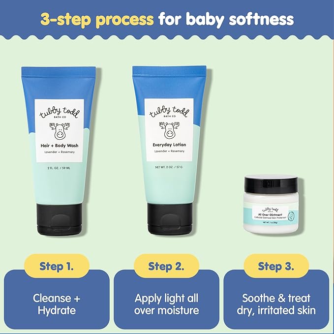 TUBBY TODD 3-Step Baby Bath & Skincare Routine - The Regulars Bundle - 2oz Baby Shampoo and Body Wash, 2oz Everyday Lotion & 1oz All Over Ointment - Lavender Rosemary