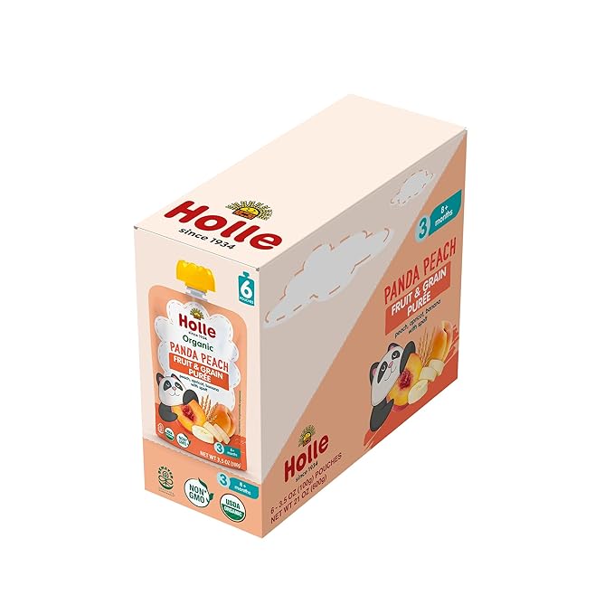 Holle Organic Baby Food Pouches - Panda Peach Baby Puree with Peach, Banana, Apricot & Spelt - (6 Pack) Organic Baby Snacks + Fruit and Veggie Pouches for Weaning Babies 6 Months and Older