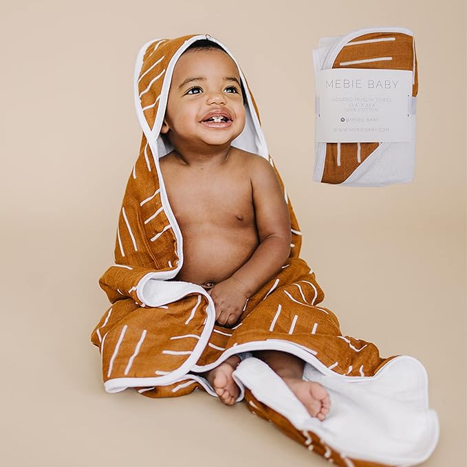 Mebie Baby Muslin Hooded Towel, Mustard Mudcloth, Cute Hooded Baby Bath Towel for Newborn, Infant & Toddler, Modern Baby Towels and Washcloths for Boy & Girl, Floral & Pattern Hooded Baby Towels