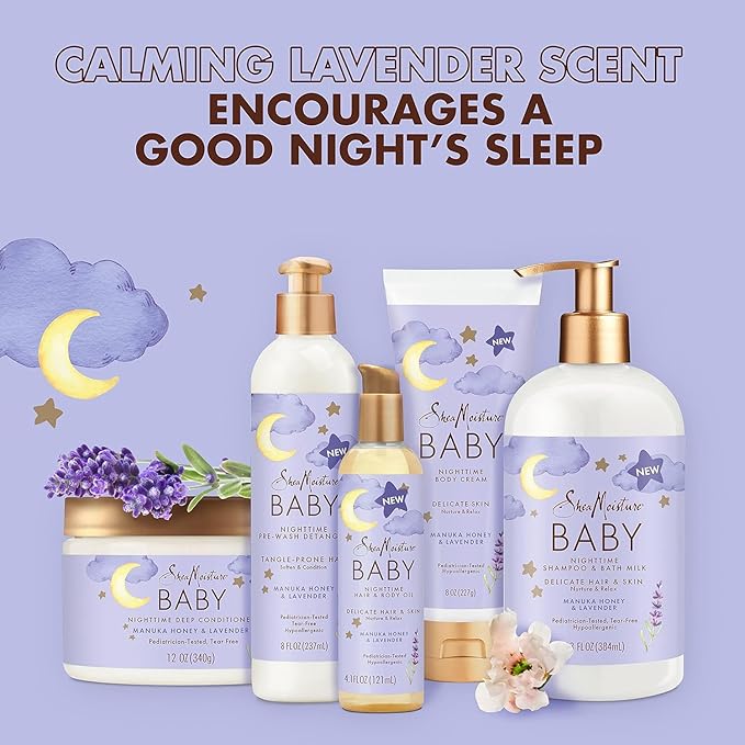 Shea Moisture Baby Care Set – Relaxing Nighttime Shampoo & Bath Milk + Nighttime Body Cream for Delicate Skin, Manuka Honey & Lavender (2 Piece Set)