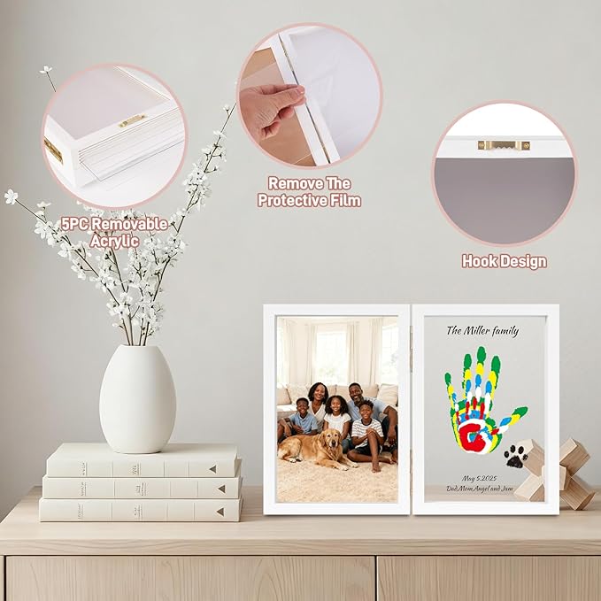 Family Handprint Kit, DIY Baby Hand and Footprint Handmade Keepsake Wooden Frame, Family Gifts with 6 Non-Toxic Baby-Safe Paint, Ideas Gift for New Parents, Grandparents, Father's Day, Mother's Day