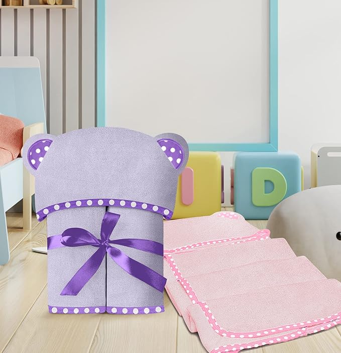 Set of 2 Hooded Baby Towels – Purple and Pink – Luxurious, Large and Super Absorbent – 35 x 35 Inch – Soft and Suitable for Infants, Toddlers and Kids – 400 GSM