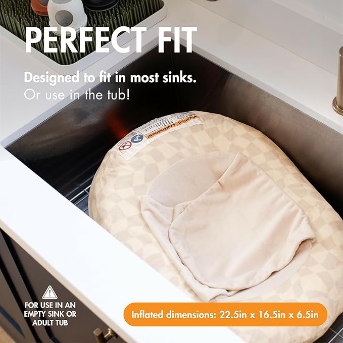 Boon Puff+ Inflatable Baby Bather - Portable Infant Bathtub Baby Bath Seat Includes Microfleece Cover, Swaddle Wings, and Storage Bag - Baby Tubs for Newborns - Portable Tub for Infants - Checker