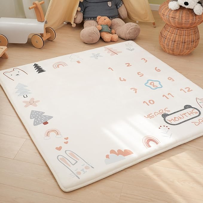 1.3" Thick Playmat for Floor, 50 x50 Monthly Milestone Mat, Padded Support Soft Plush Nursery Mats for Crawling Kick Activity, Flannel Photography Background Prop for Boys Grils