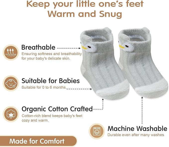 Organic Cotton Baby Socks 0-6 Months Soft for Infants Breathable, Newborn Socks Girls boys Animal Design