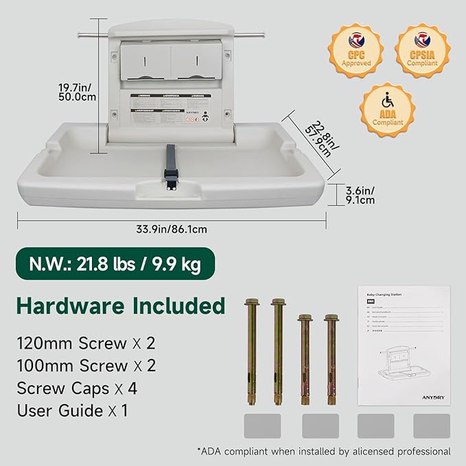 Baby Changing Station Wall-Mounted, Foldable Diaper Changing Table with Safety Straps for Commercial Bathroom, in Elegant Grayish White