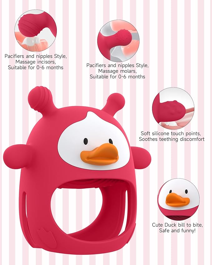 Teething Toys for Babies 0-6 Months, Never Drop Silicone Baby Teether, Hand Pacifier for Sucking Babies, Soothing Pain Relief, Best Chew Toy for Teething Baby, Teething Mitten for New Born - Red