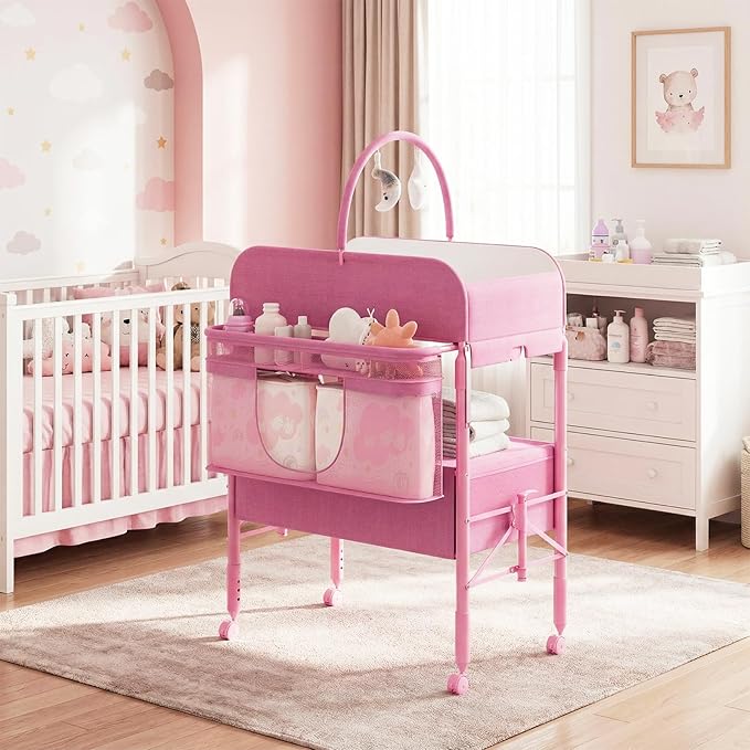 GarveeHome Baby Changing Table with Storage, Portable Foldable Diaper Changing Station with 2 Storage Baskets, Height Adjustable Waterproof Changing Table for Infant and Newborn