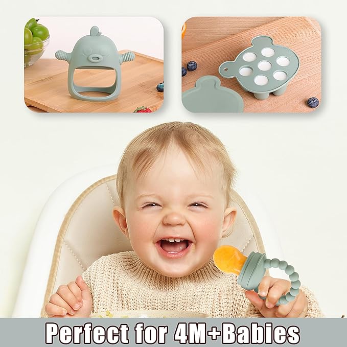 Baby Fruit Feeder & Breastmilk Popsicle Mold Set – 3 Pack Silicone Teething Relief Kit with Food Feeder Pacifier, Freezer Tray with Lid & Baby Teether (Pea Green)