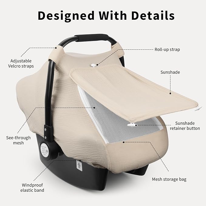 Rquite Car Seat Cover Baby, Carseat Covers Girl Boy, Breathable Muslin Cotton, Large Mesh Window, Infant Car Seat Canopy Baby Carrier Cover Stroller Sun Shade for Summer & Hot Day, Beige