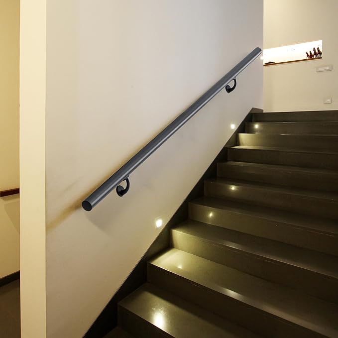 16 FT Modern Aluminum Handrail Set, handrails for Indoor Stairs,Deck,Slope, Wall Mounted Staircase handrails, Zink Alloy Brackets Included,Rust Free. (Matte Black, 16 FT)