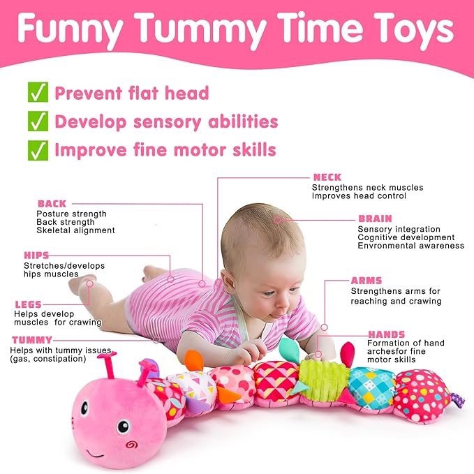 Baby Tummy Time Toy 0-6 Month Musical Stuffed Animal Plush Caterpillar Toy for Infant 6-12 Month Teething Sensory Toy with Crinkle Rattle for Babies 0-3-6 Month Newborn Toys for Boy Girl Birthday Gift