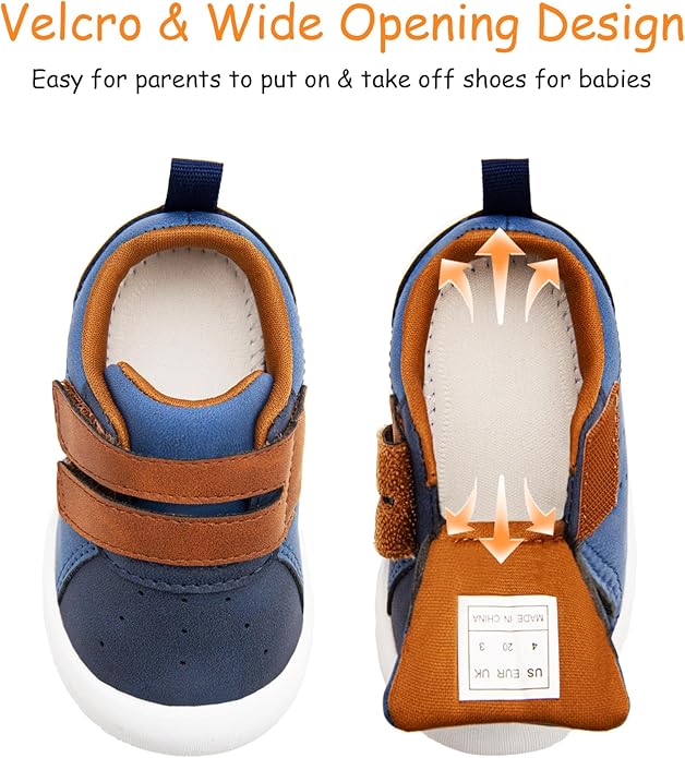 Baby Shoes Boys Girls First Walking Shoes Wide Toe Box Barefoot Zero Drop Infant Shoes Lightweight Nonslip Soft First Walkers PU Leather Toddler Sneakers for 6-24 Months