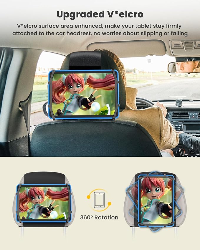 WONNIE Tablet Holder for Car, Upgraded iPad Holder for Car Mount Headrest, iPad Mount Back Seat for Kids with Anti-Slip Strap, Silicone Holding Net/Fits All 7-12.9'' Tablets