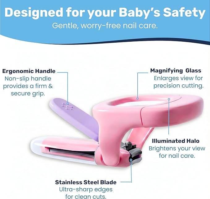 Baby Nail Clipper & File with LED Light, Fingernail Cutter with Catcher for Newborn, Infants & Toddlers- Magnifier for Ultra Visibility, Baby Essentials Nail Trimmer (Pink)