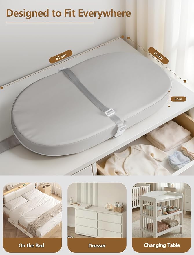 Wipeable Baby Changing Pad: Changing Pad Babies for Dresser Waterproof 31.5” * 15.7” with Removable Safety Strap for Diaper Changing on Table (Grey)