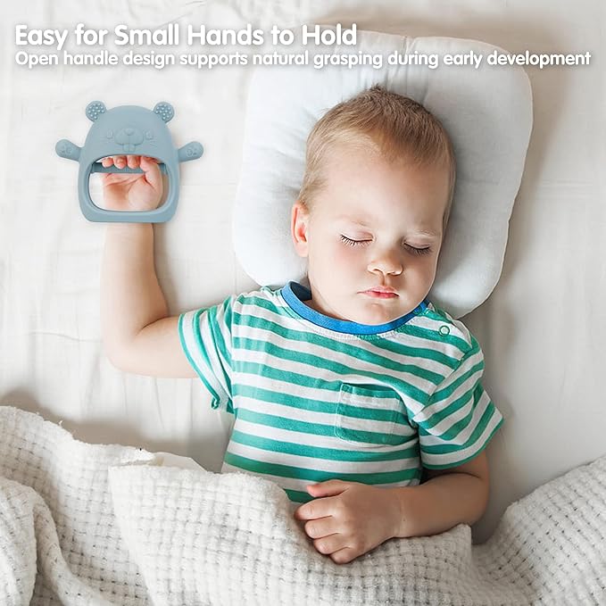 Silicone Baby Teether for 3–12 Months, BPA-Free Easy Grip Teething Toy for Infants, Soft Sensory Chew Toy, One-Piece Dishwasher Safe Design(Groundhog Dusty Blue)