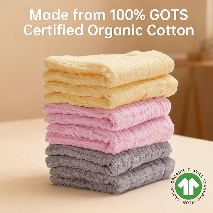 Organic Muslin Baby Washcloths 6 Pack Baby Bath Face Towel 12x12 Inch Extra Absorbent and Soft Burp Cloth and Wash Cloths for Newborn-Infants On Sensitive Skin (Yellow Pink Grey)