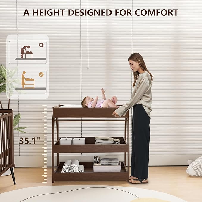 Baby Changing Table, Wood Diaper Changing Table with 2-Tier Storage Shelves, Wooden Baby Changing Station for Nursery, Modern Changing Table Dresser