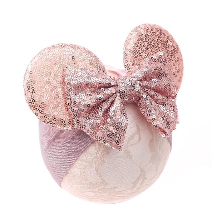 JIAHANG Baby Girl Mouse Ears Turban Headwrap with Gold Sequin Bows, Wide Velvet Hairband for Newborn, Toddler, and Kids - Party Supplies