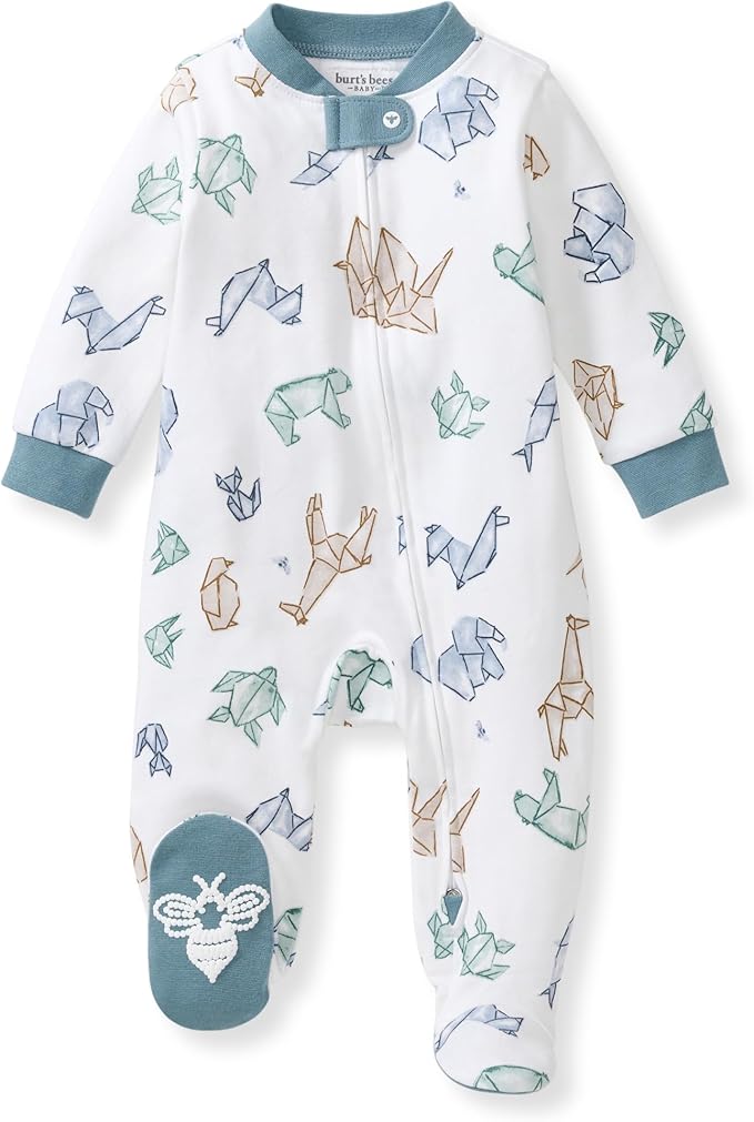 Burt's Bees Baby Boys Sleep and Play PJs, 100% Organic Cotton One-Piece Zip Front Romper Jumpsuit Pajamas