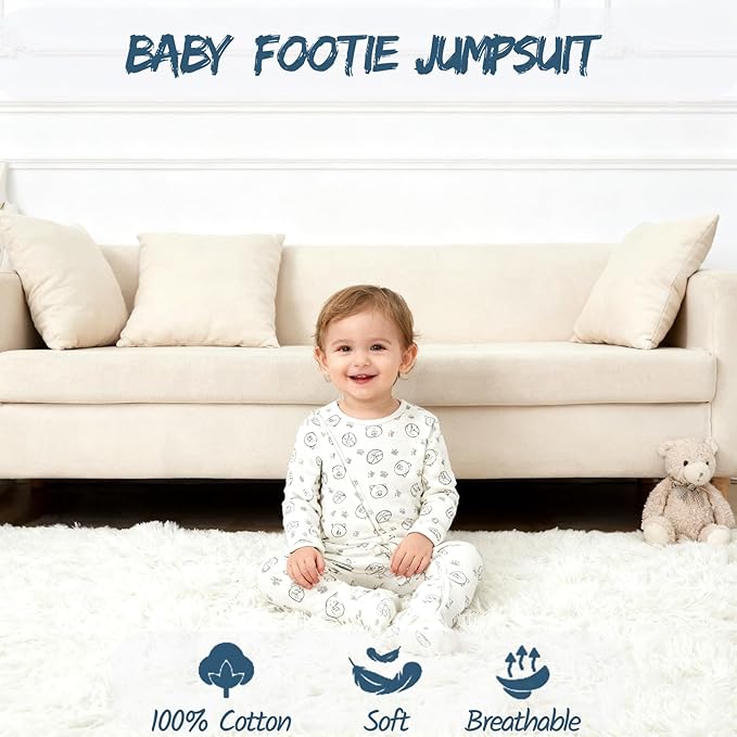 Baby Footie Jumpsuit, 100% Cotton Long Sleeve Footed Romper, Summer Outfit for 0-12 Months