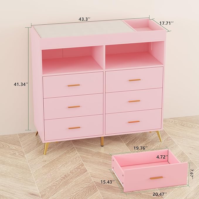 Baby Changing Table Dresser with 6 Drawers, Baby Nursery Dresser, LED Lights & Charging Station – Multifunctional Nursery Dresser with Removable Changing Top, Anti-Tip Design, Pink