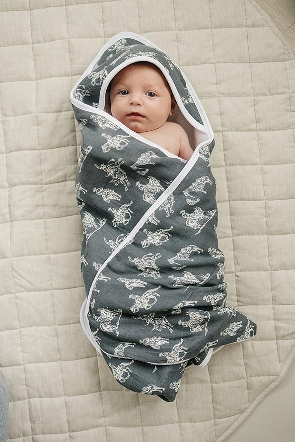 Mebie Baby Muslin Hooded Towel, Wild West, Cute Hooded Baby Bath Towel for Newborn, Infant & Toddler, Modern Baby Towels and Washcloths for Boy & Girl, Floral & Pattern Hooded Baby Towels