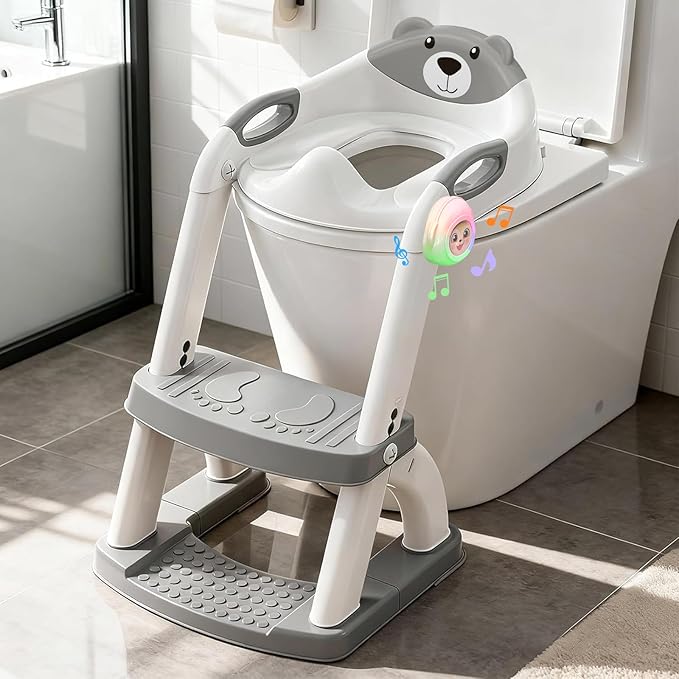 Potty Training Seat ，SKYROKU Potty Training Toilet with Step Stool Ladder, for Kids Boys Girls Toddlers - Comfortable Safe Potty Seat with Anti-Slip Pads Ladder (8899Music-Black)