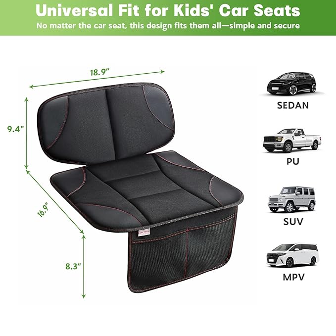Siivton Car Seat Protector for Kids, Anti-Slip Design, Thick Padding, Prevents Seat Marks, 2 Storage Pockets for Toys & Snacks, Fits Most Cars, Black - 1 Pack