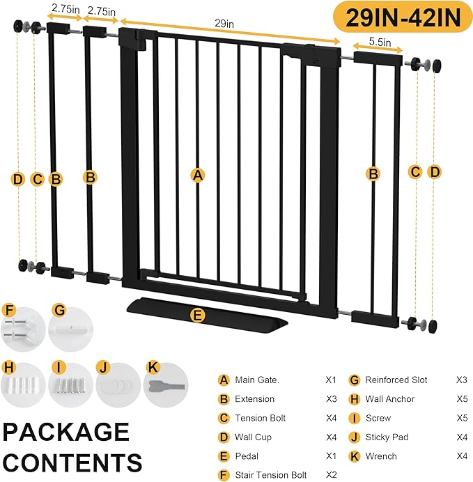29-42 inches Metal Baby Gate for Stairs/Doorways, 30 inches Tall Pressure Mounted Pet Gates, Auto-Close Child Safety Gate, No Drilling Easy Walk-Through Dog Gate Indoor, Black