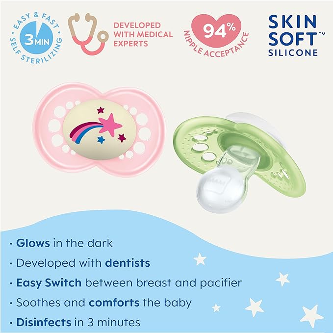 MAM Original Baby Pacifiers 6-16 Months,Binky for Newborn Babies,BPA-Free Skin Soft Silicone Nipple,Glows in The Dark,Developed with Medical Experts,Sterilizer Case,Made in Europe,2 Count (Pack of 2)