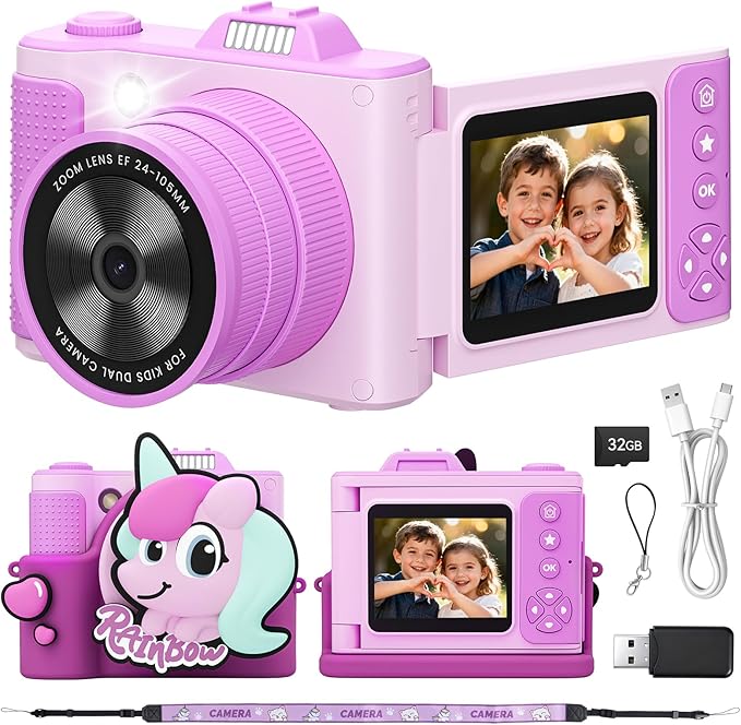 Kids Camera, Christmas Birthday Gifts for Boys Girls Age 3-12,Upgrade HD Flip Digital Video Cameras for Kids, Portable Toys for 3 4 5 6 7 8 9 10 Year Old Childrens with 32GB SD Card-Purple
