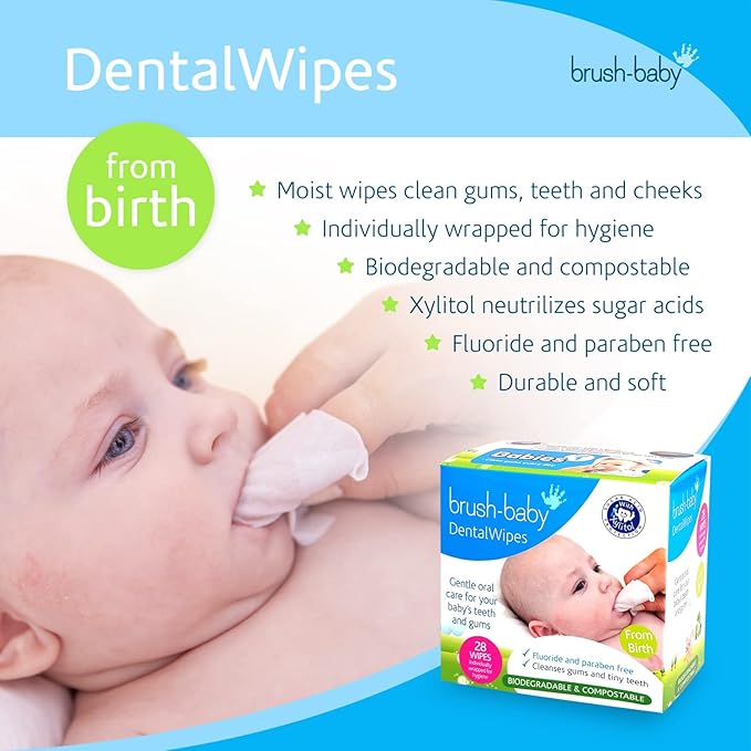 Brush Baby Teething Relief Dental Wipes for Ages 0-Toddler - Naturally Eliminate Teething Pain, Prevent Tooth Decay and Sour Milk Breath - 28 Finger Wipes