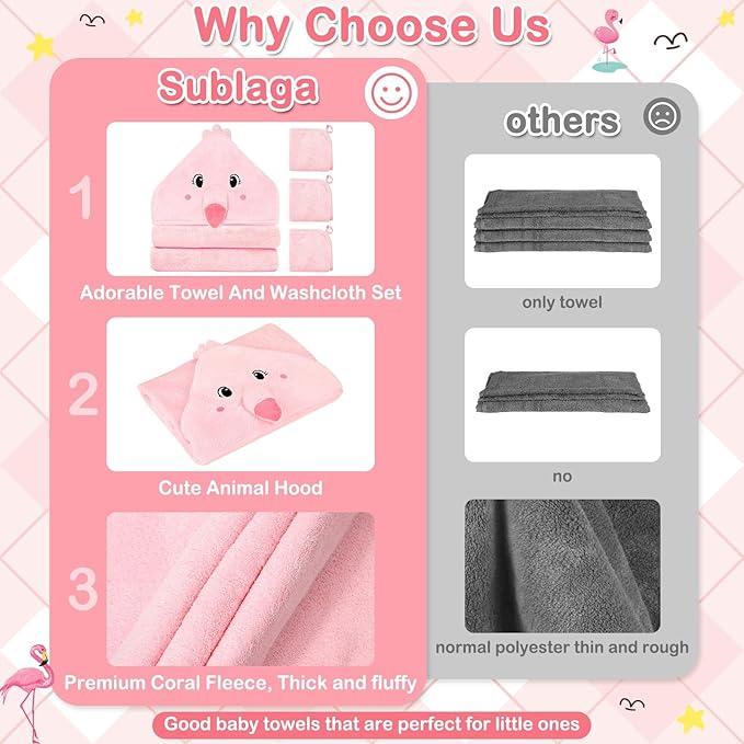 4 Pcs Baby Towels and Washcloths Set, Hooded Baby Towel, Soft and Absorbent Baby Bath Towels, 32x32 in Baby Towel with Hood and 3 Pcs Baby Washcloths for Boys and Girls (Pink Flamingo)