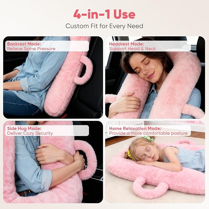 Car Pillow for Kids, Travel Pillow for Car Sleeping, Head and Neck Support Cushion with Removable Inner Insert, Washable Cover (Pink)