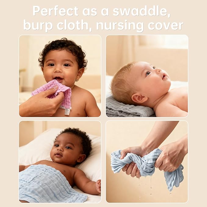 Organic Muslin Baby Washcloths 6 Pack Baby Bath Face Towel 12x12 Inch Extra Absorbent and Soft Burp Cloth and Wash Cloths for Newborn-Infants On Sensitive Skin (Pink Grey Blue)