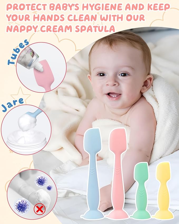 Upgraded 4-Pack Silicone Diaper Cream Spatula with Travel Case - Soft Full-Size & Mini Applicators for Rash Ointment, Diaper Care & Everyday Care, Ideal for Newborn Essentials and Baby Shower Gifts