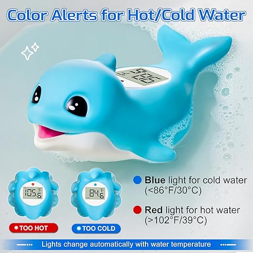 Baby Bath Thermometer for Newborn – Digital Bathtub Water Temperature Thermometer – Floating Dolphin Bath Toy, °C/°F Display, Waterproof & BPA-Free