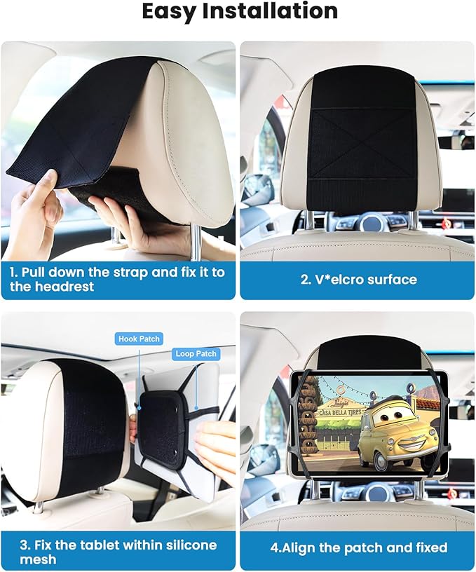 WONNIE Car Tablet Holder, Upgraded iPad Holders for Car Mount Headrest, iPad Mount Back Seat for Kids with Anti-Slip Strap, Silicone Holding Net/Fits All 7-12.9'' Tablets, 2 Pack