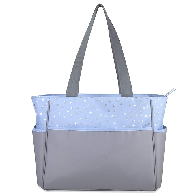 Diaper Bag Tote 5 Piece Set with Sun, Moon, and Stars, Wipes Pocket, Dirty Diaper Pouch, Changing Pad (Grey/Blue)