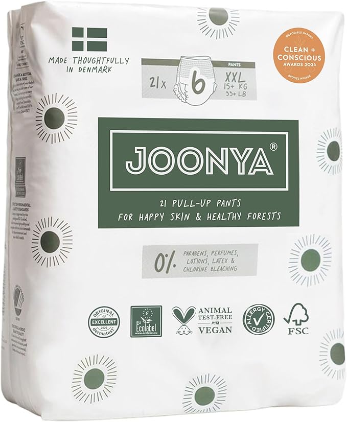 Joonya Pull-Up Pants Baby Diapers, Size 6 XXL (33+ lb) - 1 Bag of 21 - Non Toxic, Eco-Friendly, High Absorbency, Overnight Use, Ultra Slim & Soft - Made in Denmark