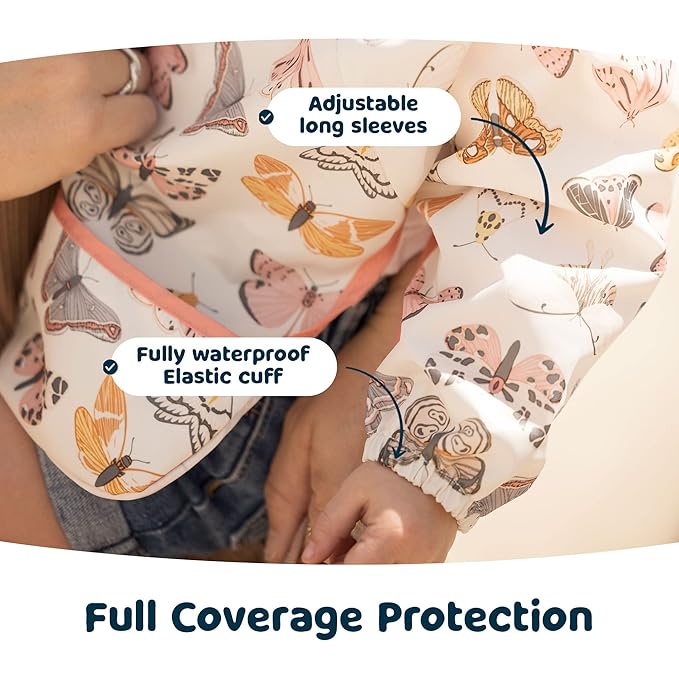 Tiny Twinkle Long Sleeve Bib for Babies & Toddlers | Waterproof Smock Bib for Eating | Machine Washable & Mess-Proof Feeding Essentials | Newborn Shower Gift (Flutter, 2-4Y)