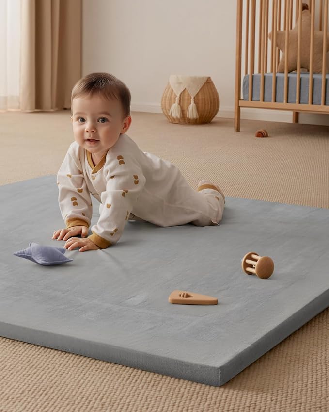 Blissful Diary 1.3" Thick Baby Play Mat, 50x50 Playpen Mat with Removable & Washable Cover, Ultra Soft Crawling Rug for Floor, Foam Cushion & Non-Slip Backing for Kid, Toddlers and Infants, Light Grey
