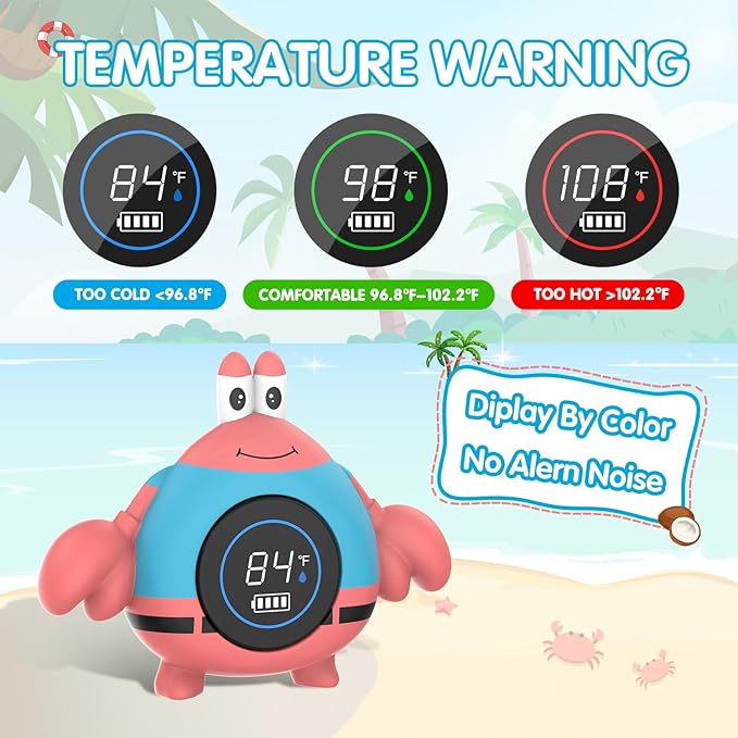 BabyElf Rechargeable Baby Bath Thermometer – Floating Crab Water Temperature Thermometer for Baby Bath, Automatic Sensing, Hot & Cold Alert, Waterproof Bathtub Thermometer for Newborns