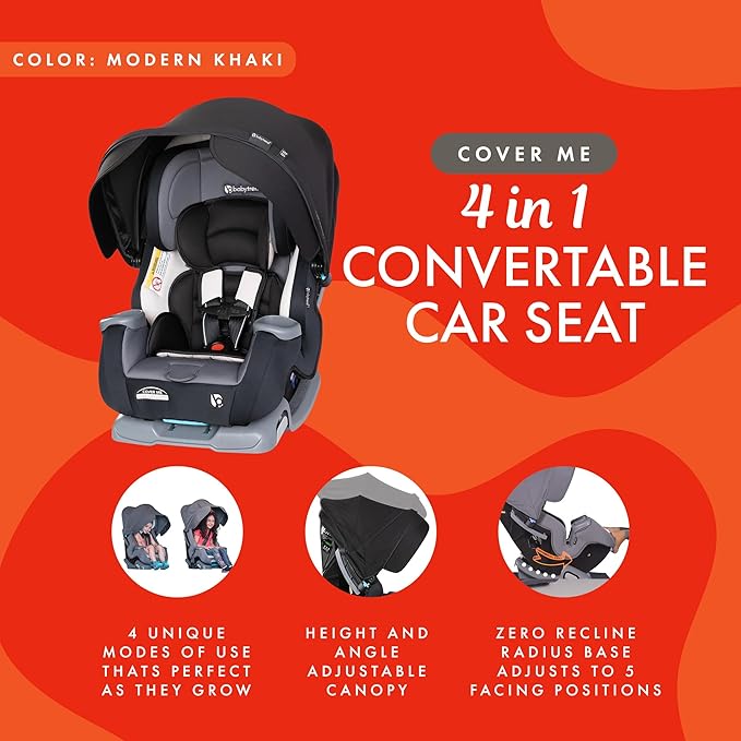 Baby Trend Cover Me 4-in-1 Infant Toddler Convertible Car Seat with Adjustable/Removable Canopy for Sun Protection & 2 Cup Holders, Black