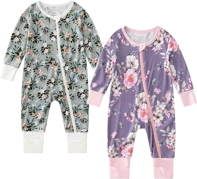 OPAWO Viscose from Bamboo Baby Pajamas Girl 2pack Mittens Cuff 2 Way Zipper Soft Footless Sleeper Baby Boy One-Piece Romper